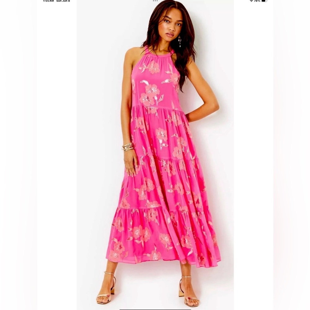 Lilly Pulitzer NWT Beccalyn Maxi Dress Roxie Pink Anniversary Silk Clip Size M - Picture 4 of 9